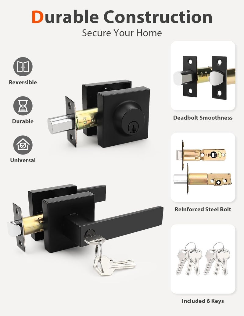 Tinewa 3 Pack Square Keyed Alike Front/Exterior Door Levers with Single Cylinder Deadbolt, Flat Black Entry Door Knob Lock Set with Deadbolt Combination Sets, for Entrance/Front and Office Doors - Image 4